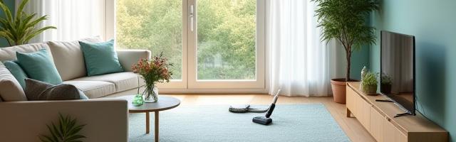 Bright, tidy living room with freshly cleaned surfaces, symbolizing residential cleaning.